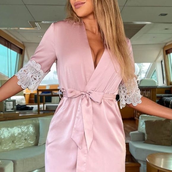 Tie Waist Lace Detail Pink Satin Women's Robe - Picture 1 of 4